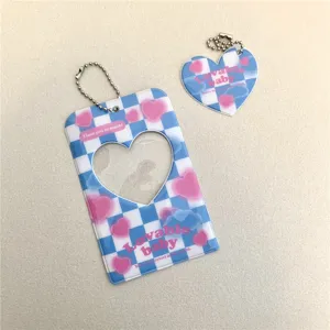 Blue checkered heart 3-inch photocard holder and pendant set, acrylic idol photocard protector.