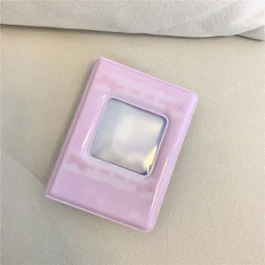 Pink 3-inch mini photocard binder album with lace rose pattern and transparent window.