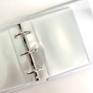 Nahaufnahme des Mini PVC Fotoordners mit drei Metallringen und transparenten Fototaschen.