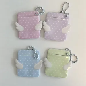 Cute polka dot angel wings card holder photo pendant keychain for keys, ID photos, and school bags.