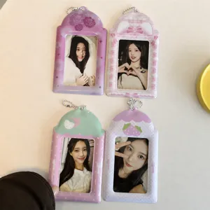 Cute strawberry polka dot 3 inch PVC photo card holder for idol photocards and bus card storage.