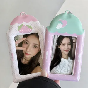 Cute polka dot strawberry 3 inch photo PVC card holder, ideal for idol photocard display pendant.