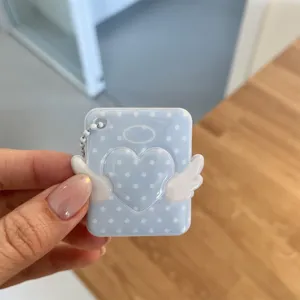 Cute blue polka dot angel heart photo card holder keychain school bag pendant decor