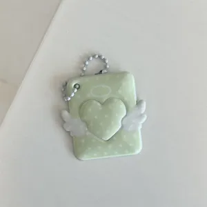 Light green polka dot angel heart card holder cute photo pendant keychain accessory.