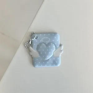 Blue polka dot angel heart card holder with wings and chain, cute ID photo badge holder keychain.