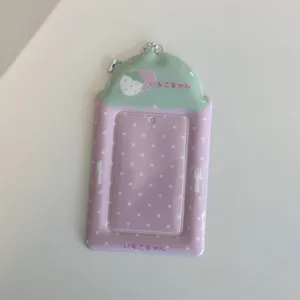 Cute polka dot strawberry PVC card holder for 3-inch photos, idol photocards, and bus cards.