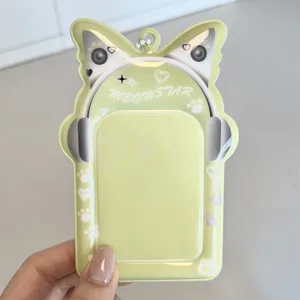 Green cat ear PVC photocard holder detail view, cute headphone design for 3 inch cards.