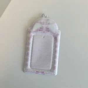 Cute pink polka dot photocard holder 3 inch PVC id card sleeve with chain cute sweet design