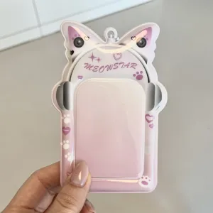 Detailed view of the cute cat ear PVC photocard holder with headphone design for 3-inch cards.