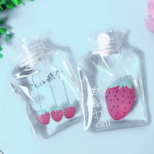 Transparent PVC hot water bag with cute strawberry print and warm hand pocket design for winter.
