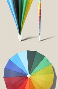 Close-up detail shot of the multi-colored 16-rib rainbow umbrella showing open and folded structure.
