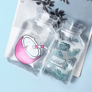 Transparent PVC water injection hot water bag, portable winter hand warmer with cute prints.