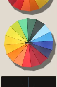 Detailed top view of the 16-rib rainbow umbrella featuring vibrant colorful panels and shaft.