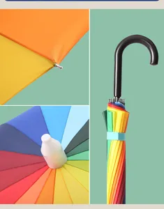 Detailed view of the 16-rib rainbow long umbrella showing colorful canopy and black handle.