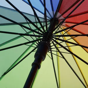 Rainbow umbrella with 16 ribs, long straight handle automatic open design, vibrant multi-color.