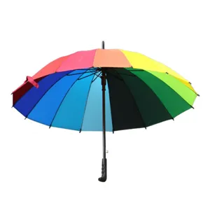 Colorful 16-rib rainbow umbrella with long straight handle, perfect for rainy days and gifts.