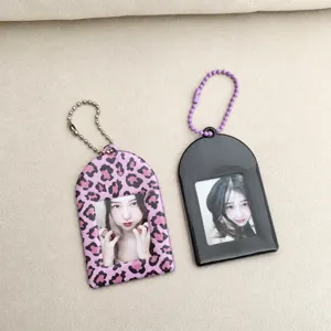 Korean Style Leopard Print Black Purple Card Holder Cute Acrylic Photo Card Protector Keychain Idol Photocards Pendant Gift