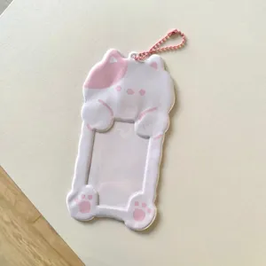 Cute cat 3 inch photocard holder transparent card sleeve with pink ball chain for ID cards.