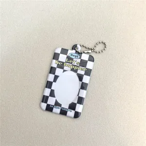 Black and white checkerboard 2-inch photo card holder keychain pendant idol storage.