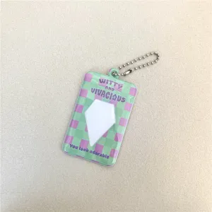 INS checkered 2-inch photocard holder keychain cute acrylic ID card protective sleeve charm.