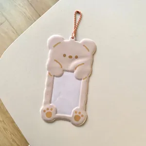 Cute bear photocard holder 3 inch id card protector with pink ball chain for kpop decor