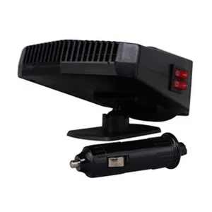 Portable 12V car heater defroster with adjustable stand and cigarette lighter plug for car.