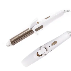 2-in-1 hair straightener and curling iron detail shot, white and gold electric styling tool.
