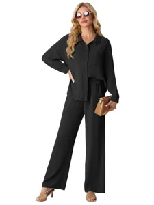 Modisches lässiges schwarzes Zweiteiler-Set mit Langarmhemd und weiten Hosen für Damen.