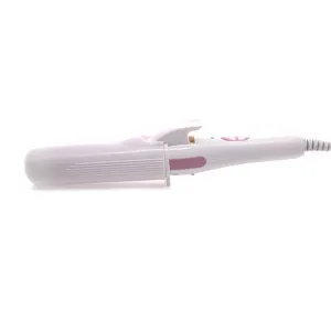 Detailed view of white and pink 2-in-1 hair curling and straightening styling tool wand.