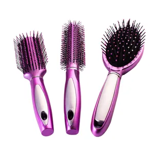 Set of 3 purple hair styling brushes, anti-static detangling hair brush set for salon use.