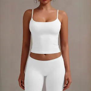 Women's white low round neck camisole adjustable spaghetti strap summer sleeveless top