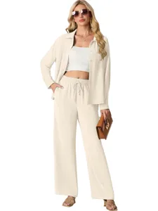 Lässiges zweiteiliges Set langärmliges Hemd und weite Hose für Damen elegante Freizeitbekleidung