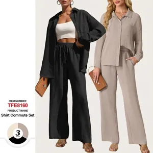 Damen Casual Langarm Hemd Und Weite Hose Outfit Einfarbig Plissiert Lockeres Oberteil Und Unterteil Kombi-Set