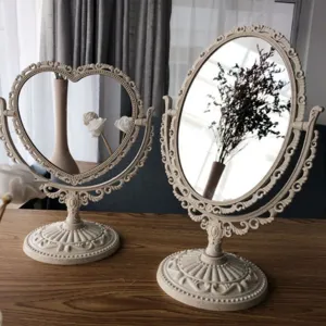 European Vintage Tabletop Makeup Mirror Double Sided Rotating Desktop Cosmetic Mirror Heart Oval Vanity Mirror