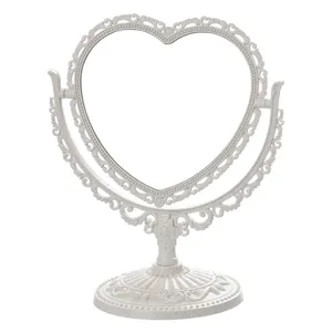 Vintage heart-shaped desktop makeup mirror, European style double-sided vanity mirror for desk