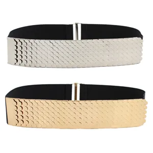 Mujer oro plata metalico escama de pez elastico cinturon ancho decorativo vestido