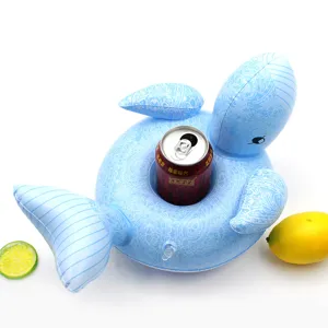 Inflatable blue dolphin drink holder with cute cartoon animal design for pool party and summer use.