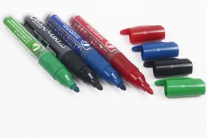 Refillable whiteboard marker set with four assorted colors for smooth writing and easy erasing.