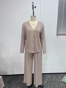 Damen Langarm Loungewear Set V-Ausschnitt Strickjacke Freizeit Pyjama Zweiteiler