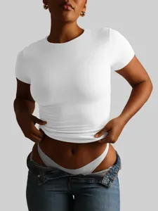 Donna maglietta aderente manica corta bianca estate casual basic tinta unita girocollo top