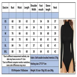 Women's long sleeve turtleneck bodysuit detail size chart, soft fabric, comfortable slim fit.