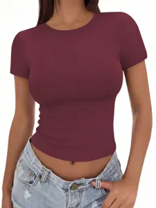 Casual solid color crew neck short sleeve fitted crop t-shirt for women summer basic top