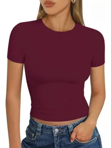 Maglietta corta donna slim fit manica corta girocollo top estivo tinta unita casual