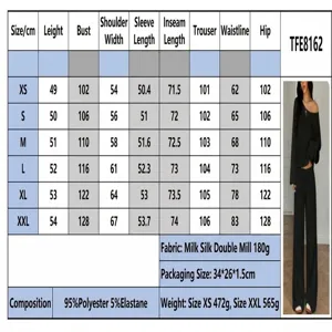 Detailed size chart and technical specifications for women off shoulder lounge set.