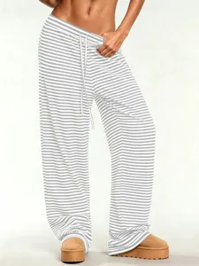 Y2K casual striped wide-leg pants women high waist loose drawstring trousers summer new