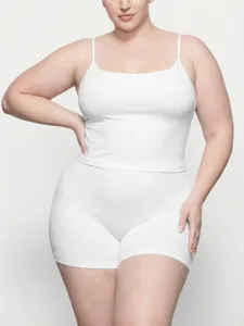 Plus size white camisole and shorts set casual loungewear activewear detail view style