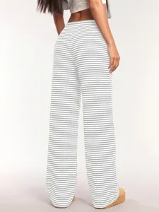 Y2K casual striped wide-leg pants for women, loose straight fit drape trousers summer.