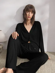 Damen Langarm Strickjacke Hose Hausanzug Set casual weiche Schlafwäsche Herbst zweiteilig.