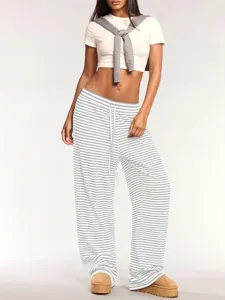 Details of the Y2K striped loose wide-leg lounge trousers with adjustable drawstring waist.