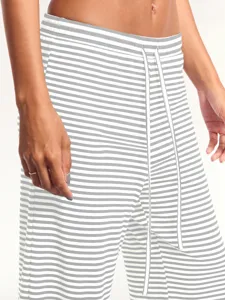 Detail view of women's grey striped casual lounge pants with adjustable drawstring waist.